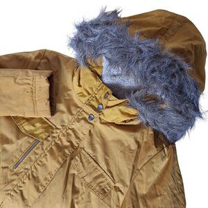 New Look Womens Parka Coat Size Small Gold Zip Up Hooded Faux Fur Winter